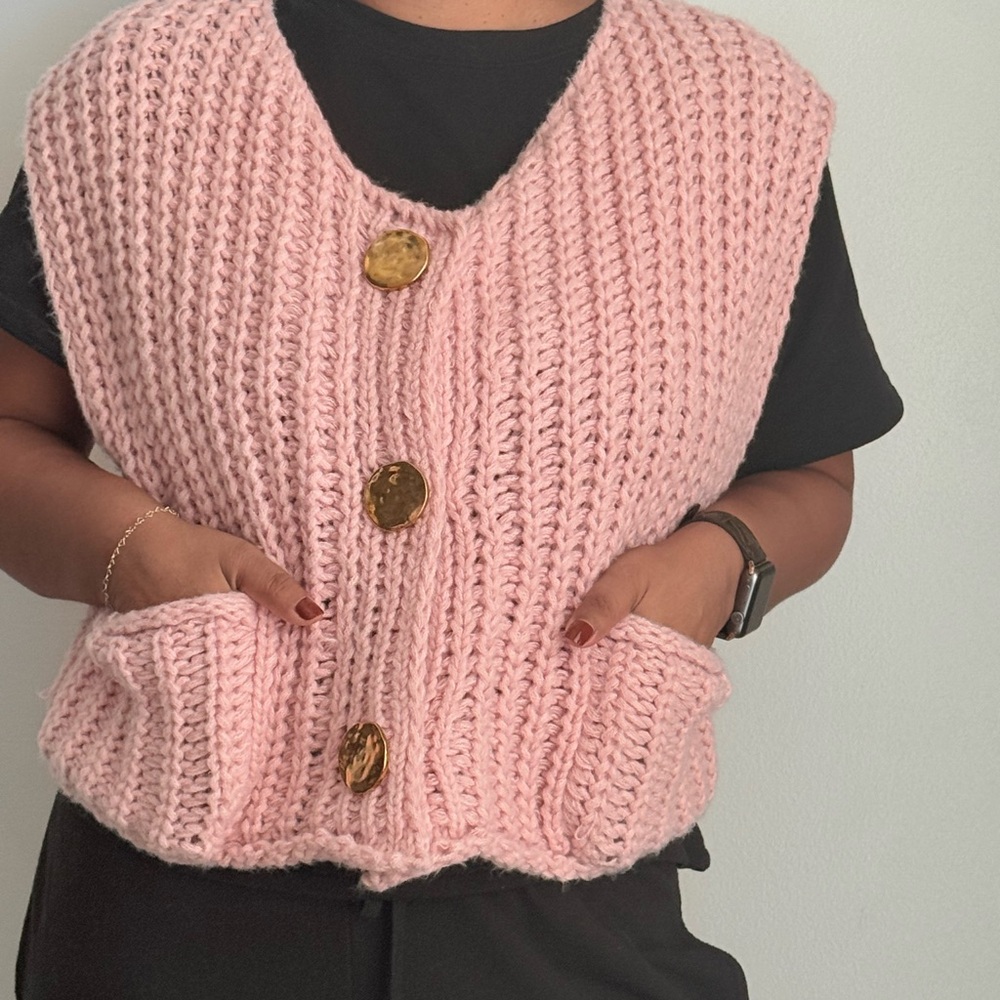 Pink Knit Vest with Gold Buttons